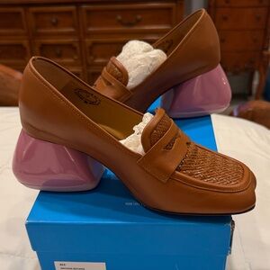 John Fluevog Tan Loafers with Pink Block Heels